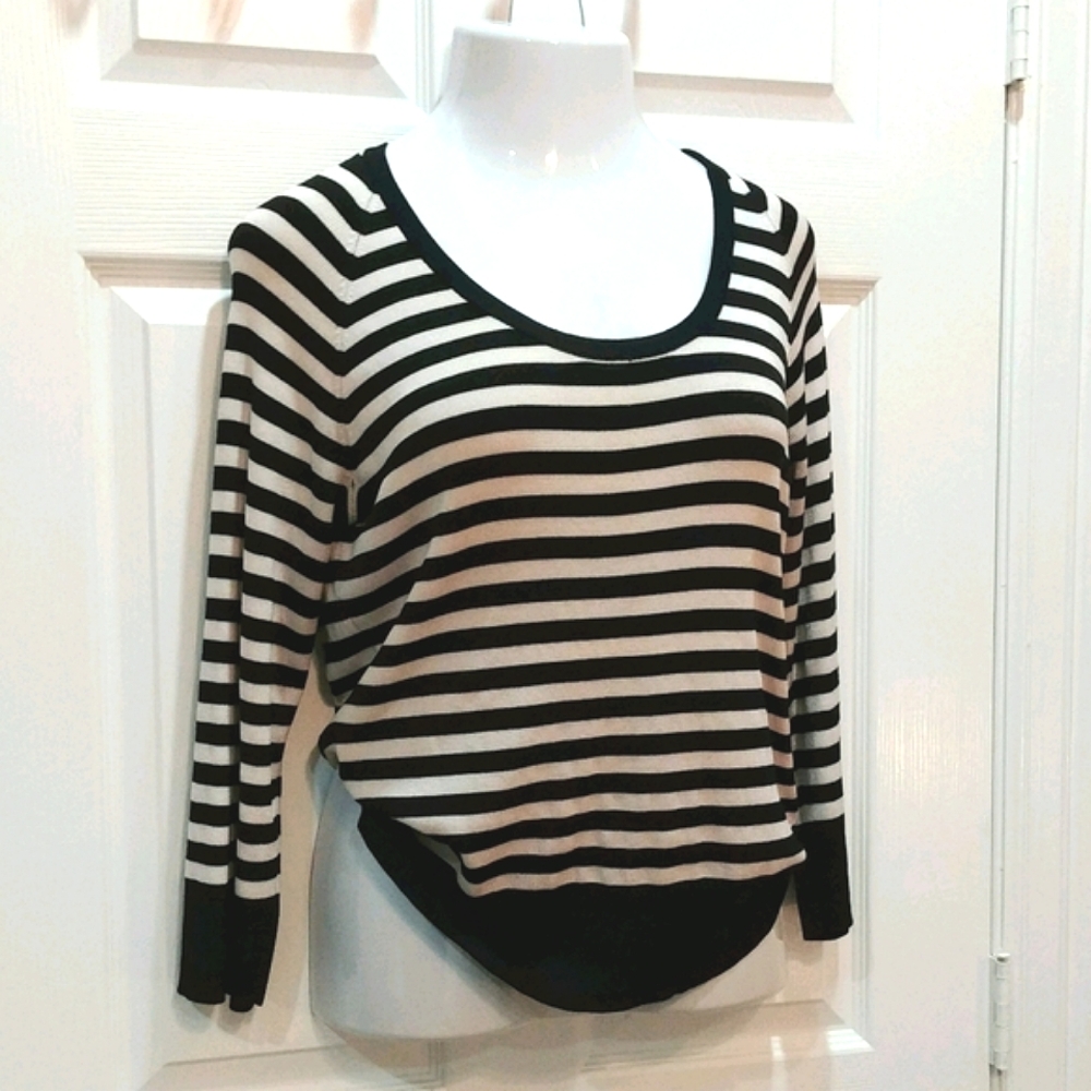 Silk Knit Wide Scoop Neck Longsleeve B&w Stripe Pullover size Large